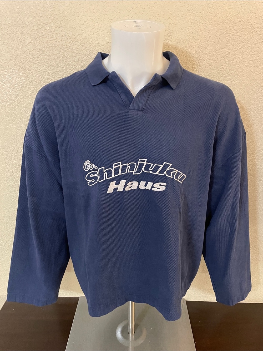 Zara Navy Long-Sleeve Polo with White Script Logo